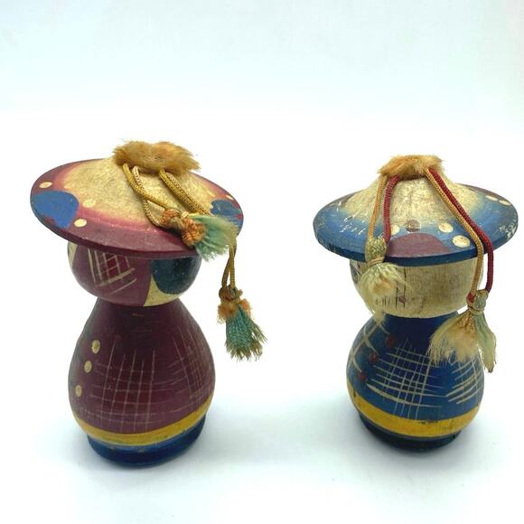 PairVintage 50s Mid‎ Century MCM WOODEN KOKESHI BOBBLEHEAD Dolls Figurine JAPAN - Picture 5 of 6